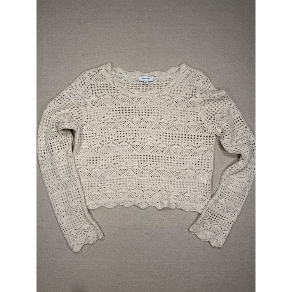 Freshman Women Cream Crochet Knit Long Sleeve Scalloped Crop Sweater Medium